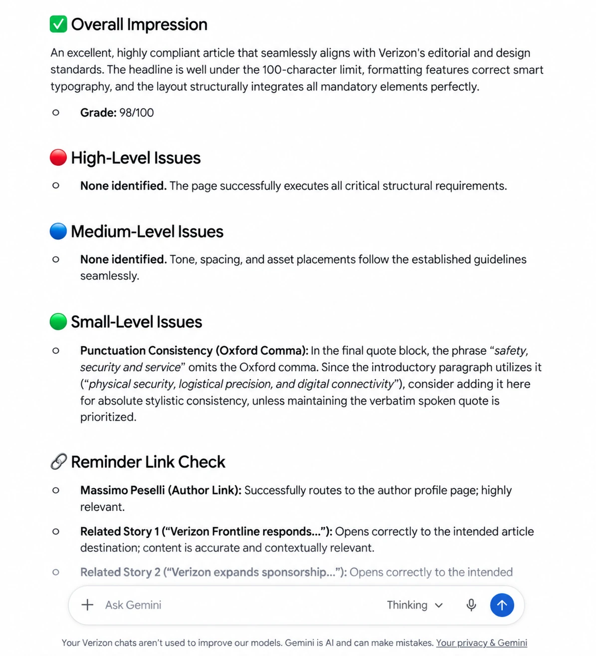 Light-mode Gemini content review showing an overall assessment, severity levels, editorial feedback, and suggested link checks.